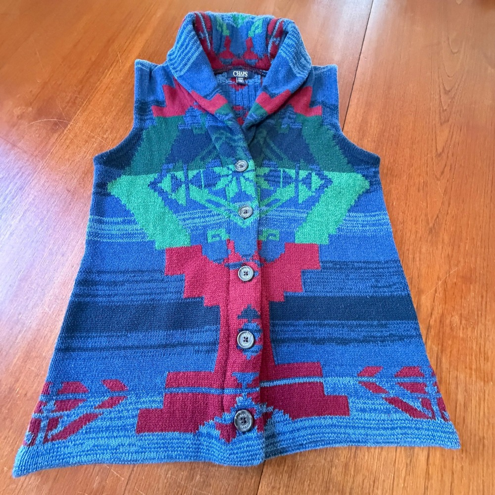 Chaps Southwestern Geometric Shawl Collar Button Front Knit Vest Blue Medium